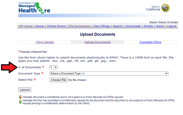 Screenshot of Upload Documents page with arrow pointing to Number of Documents drop down menu. Screenshot of Upload Documents page with arrow pointing to Number of Documents drop down menu.